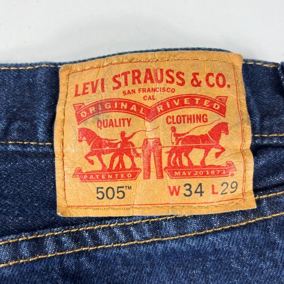 Levi's Jean Shorts Mens 32* 505 Dark Blue Cut Off Fray Cotton Denim Jorts Tag 34 - Picture 10 of 16